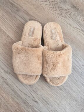Tan Fuzzy Platform Slippers